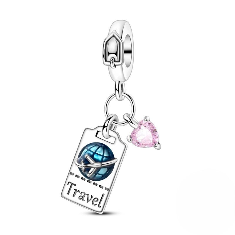 Modenzastore Travel Ticket & Pink Heart Dangle Charm